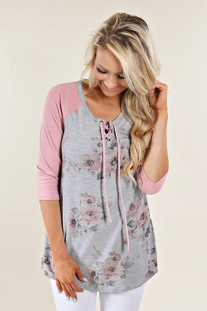 3/4 Sleeve Pink & Grey Floral Top