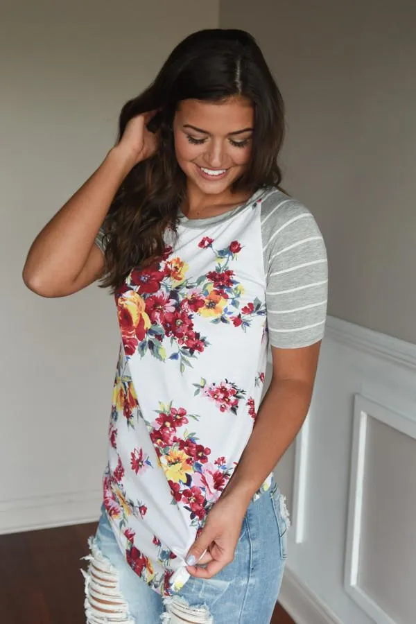 A Little Flirty Floral Top Grey