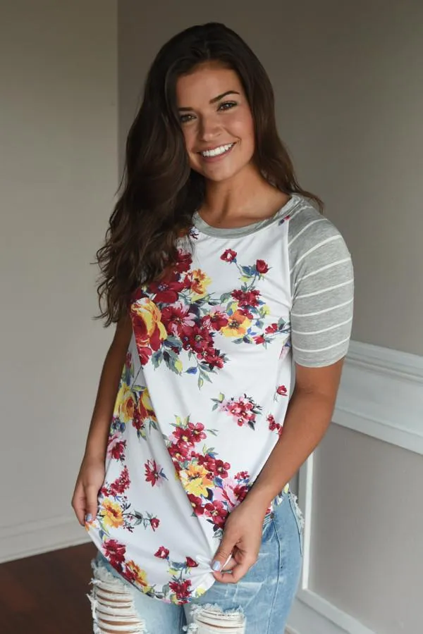 A Little Flirty Floral Top Grey