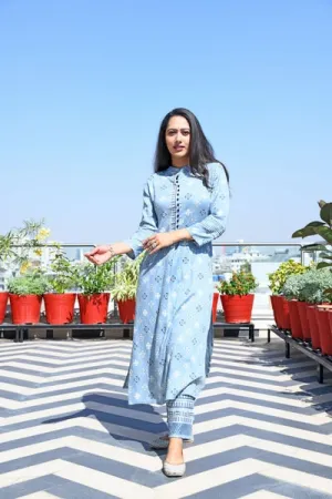 AAHELI GREY PRINTED HANDWORK KURTA WITH PANT SET