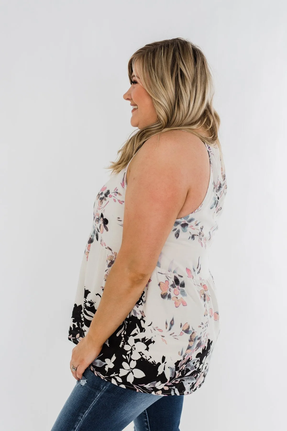 All Around Me Floral Babydoll Tank Top- Off White & Black
