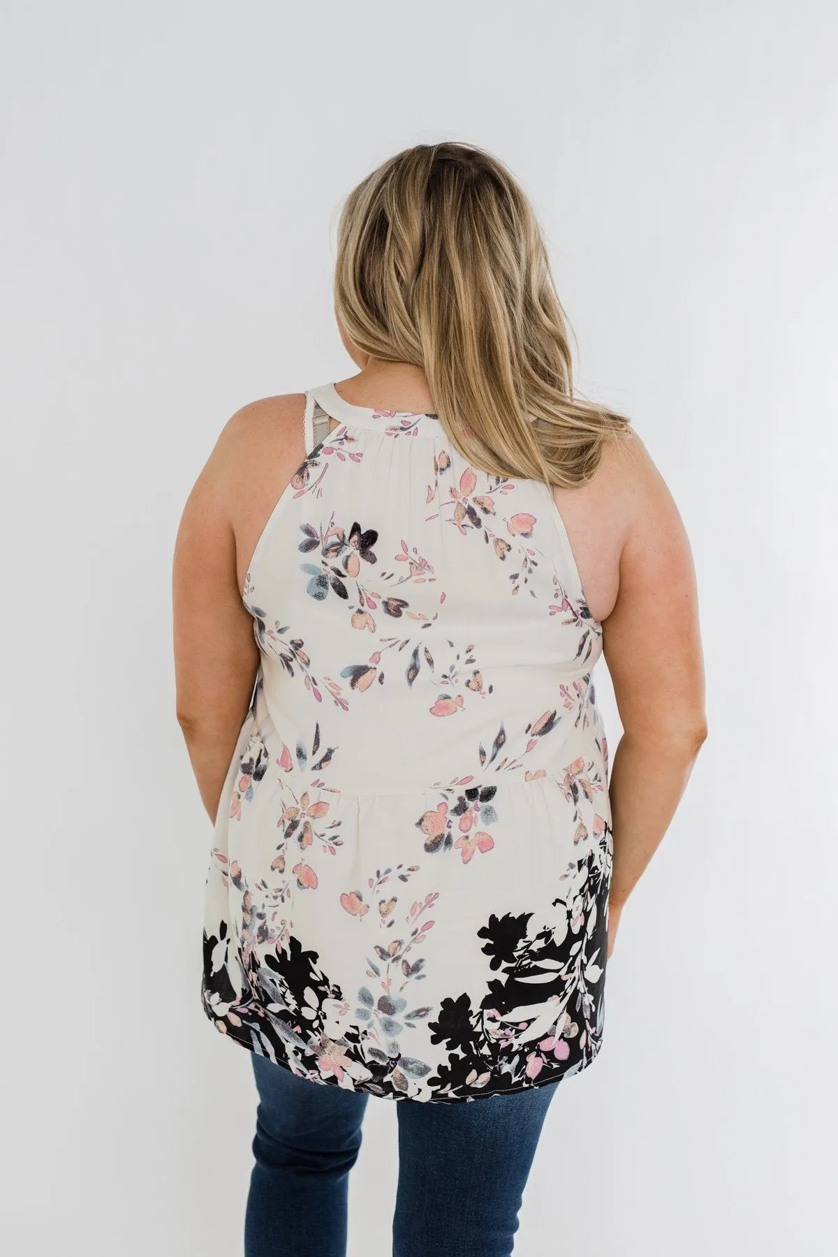 All Around Me Floral Babydoll Tank Top- Off White & Black