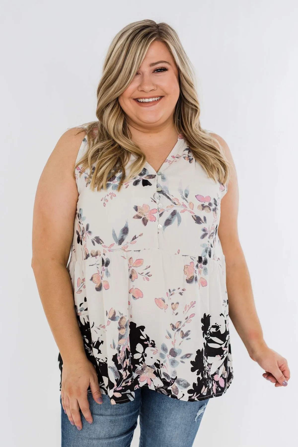 All Around Me Floral Babydoll Tank Top- Off White & Black