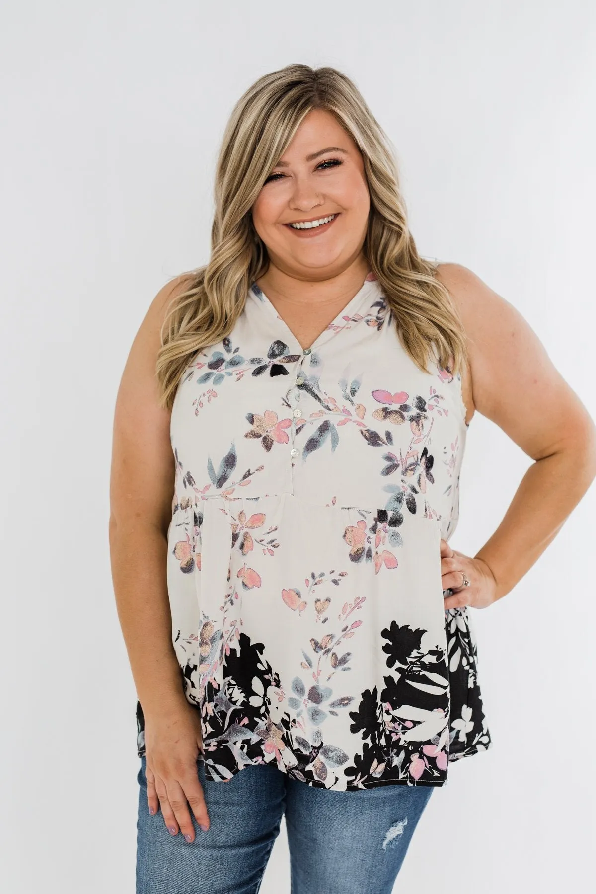 All Around Me Floral Babydoll Tank Top- Off White & Black