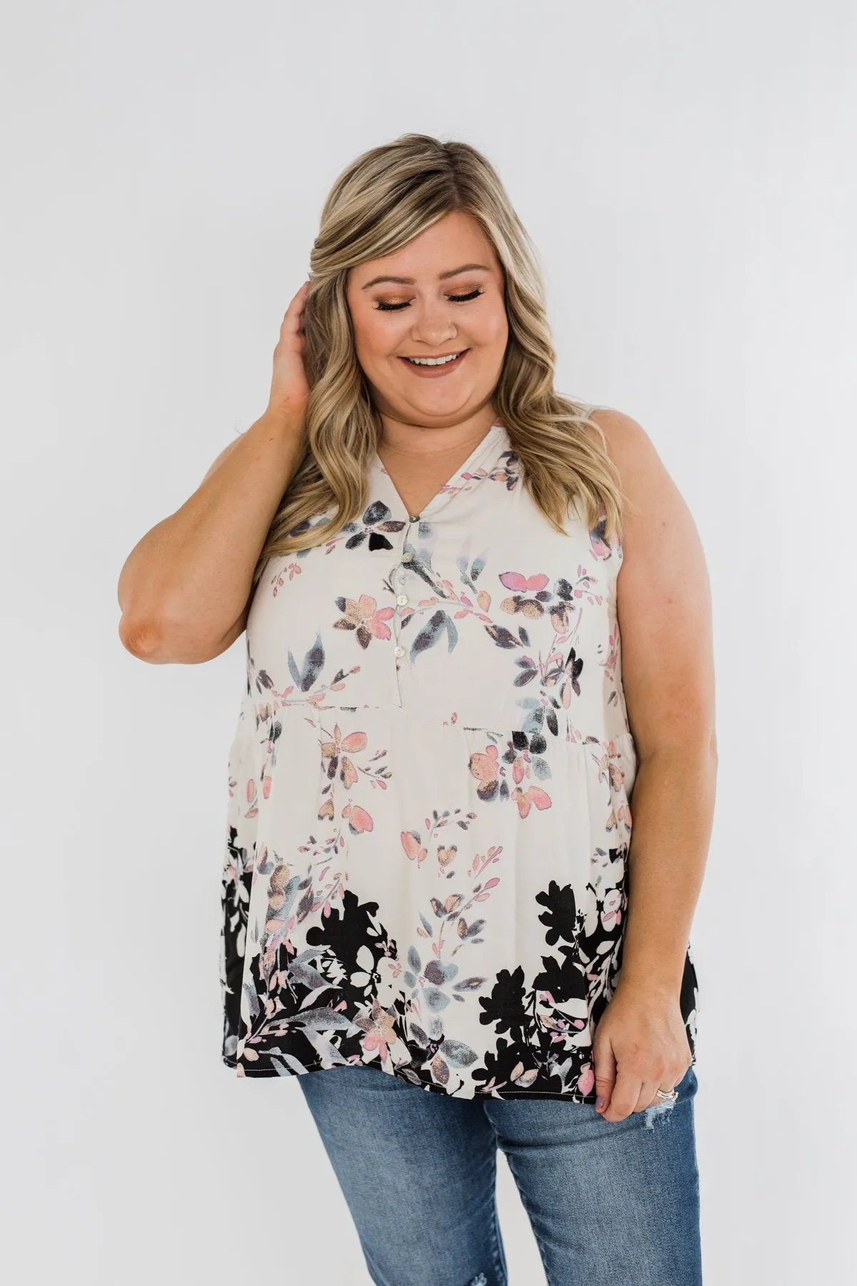 All Around Me Floral Babydoll Tank Top- Off White & Black