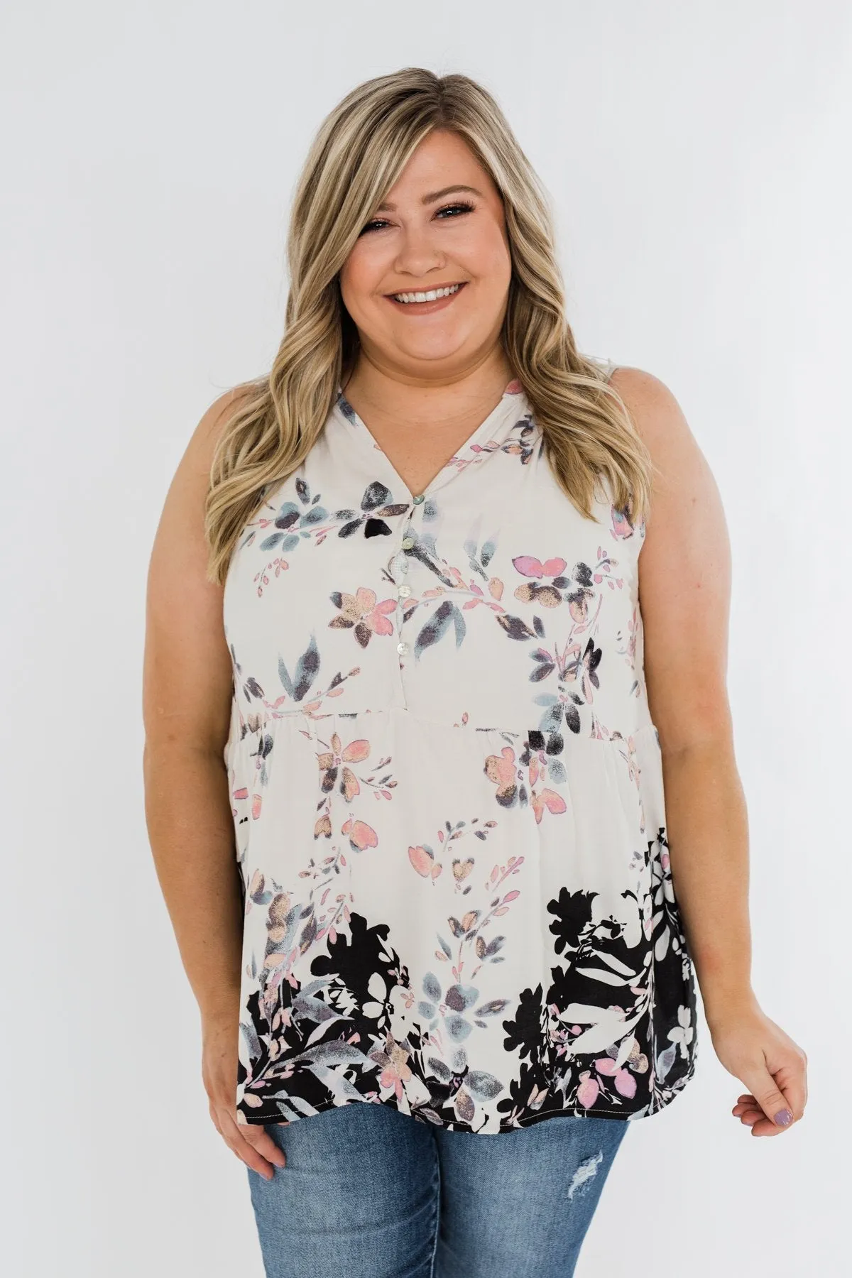 All Around Me Floral Babydoll Tank Top- Off White & Black