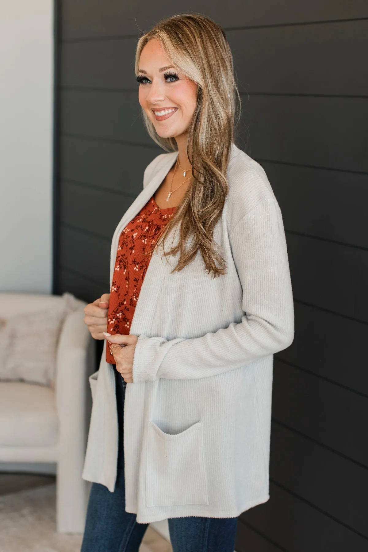 All Dressed Up Ribbed Cardigan- Bone