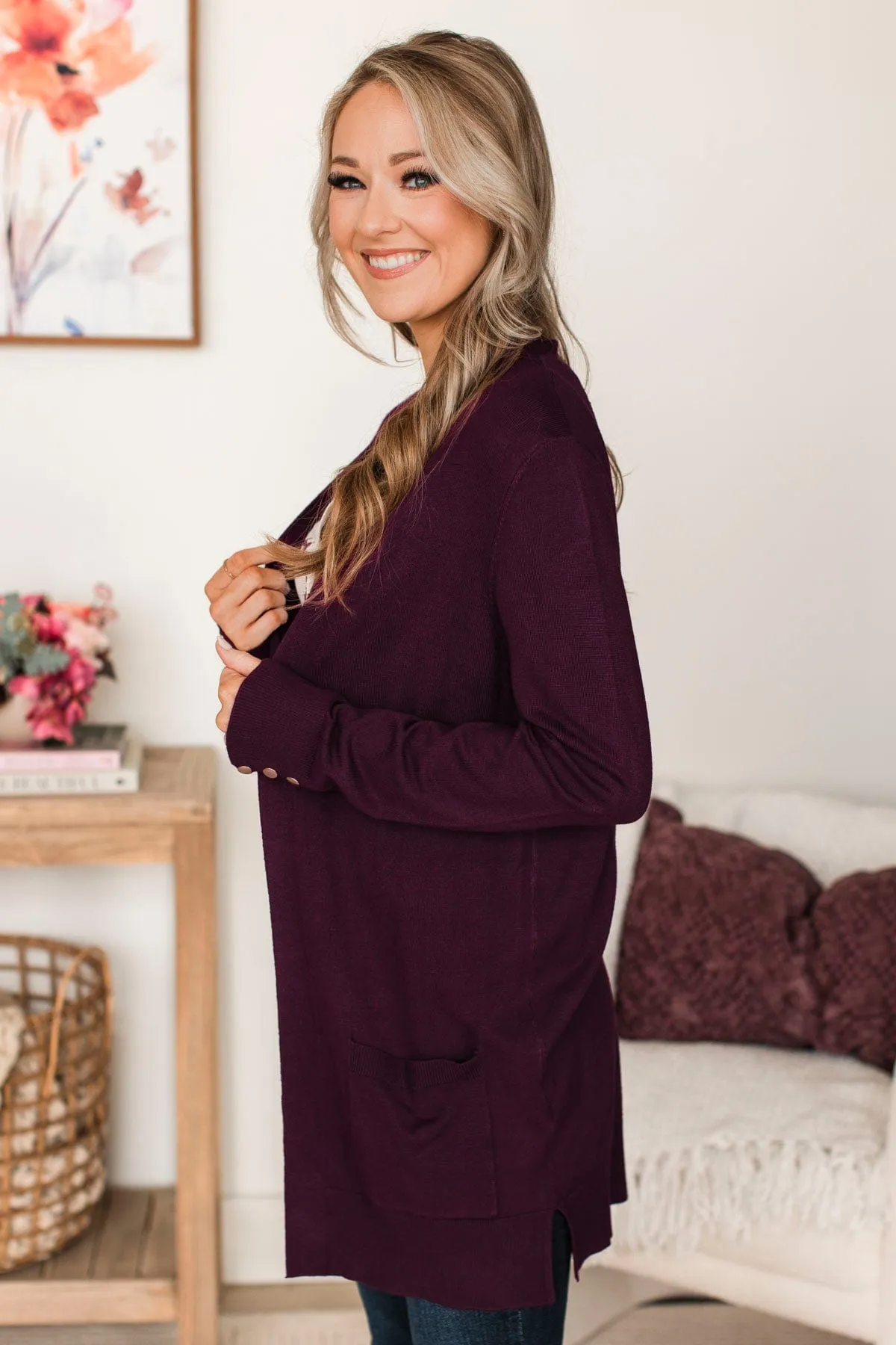 Always Impressive Knit Cardigan- Eggplant