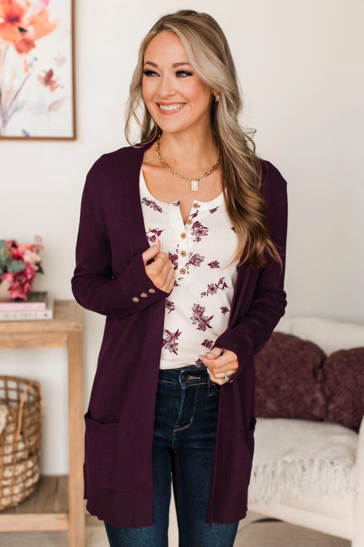 Always Impressive Knit Cardigan- Eggplant