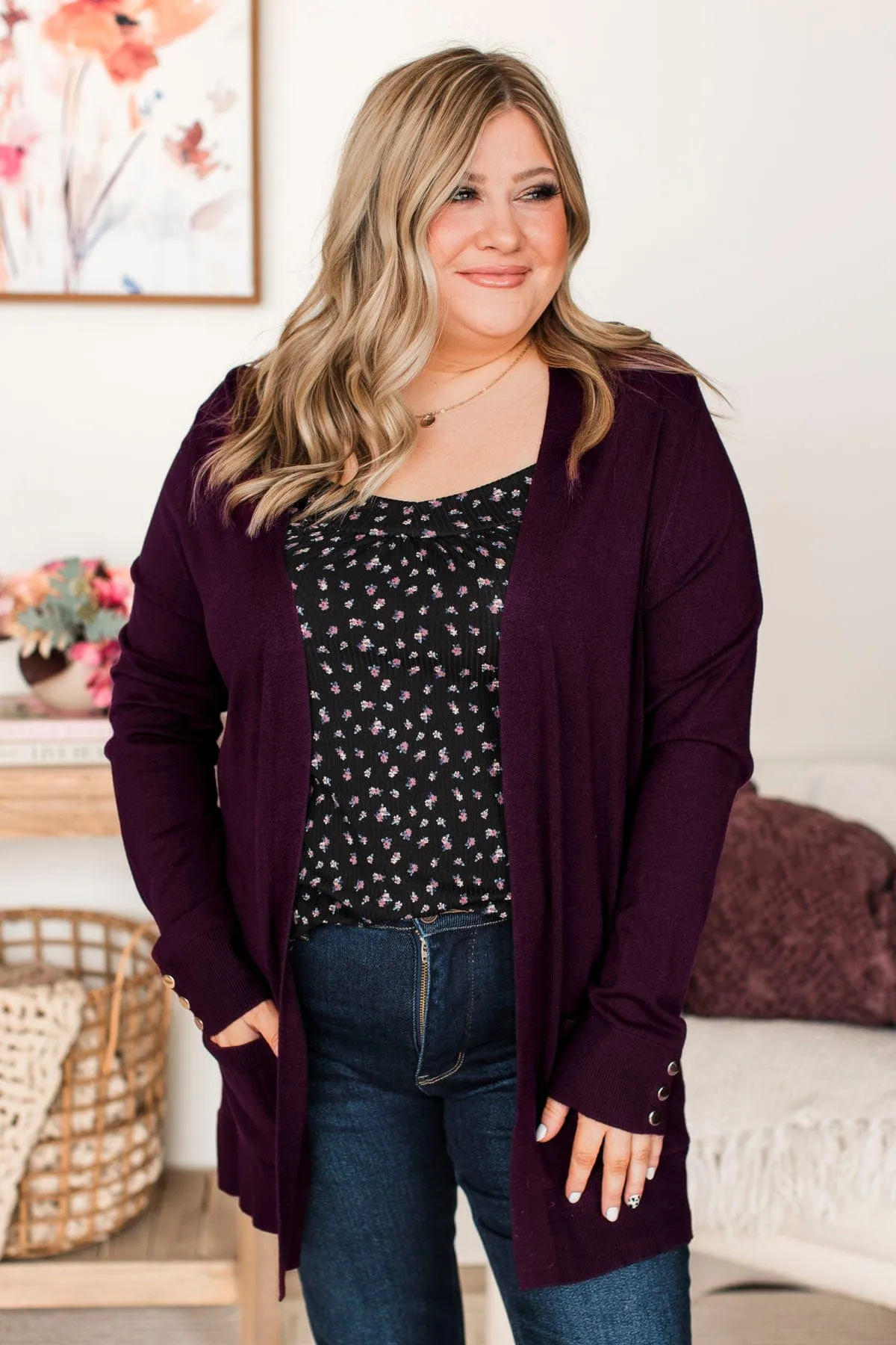Always Impressive Knit Cardigan- Eggplant