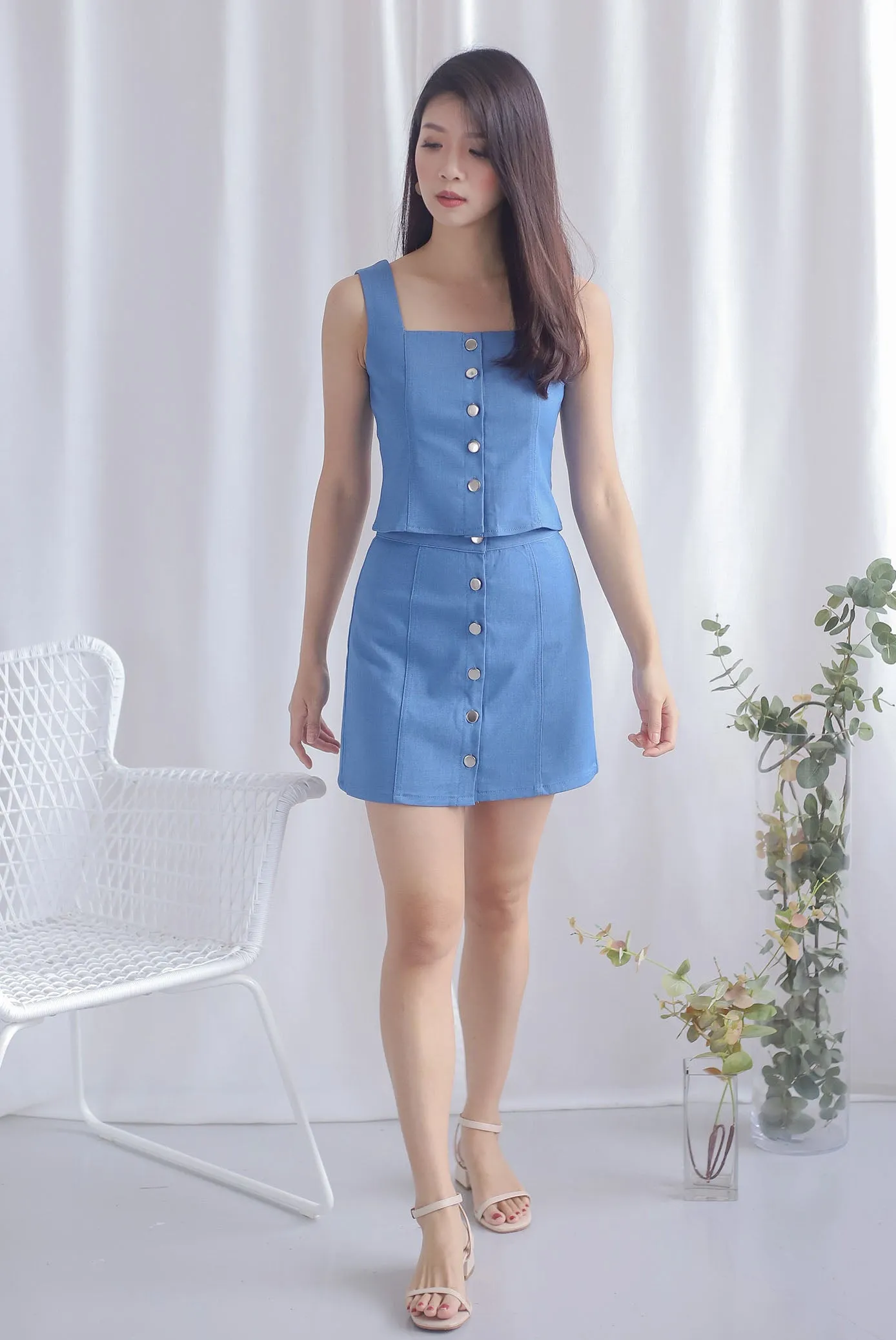 Anaisi Buttons Denim Top In Dark Blue