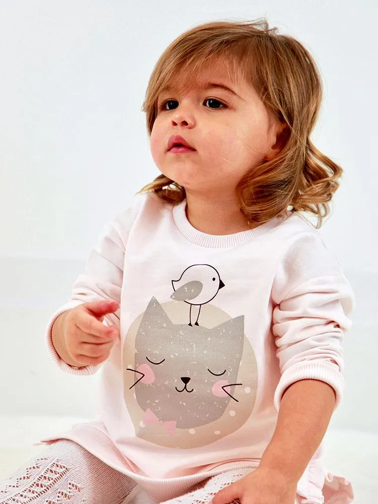 Artie - Kitty Cat Pink Frill Baby & Girls Sweatshirt - From 6 months