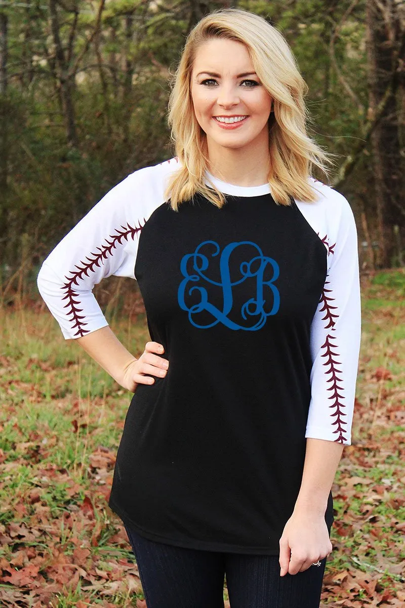 Baseball Laces 3/4 Sleeve Raglan Tee, Black *Personalize It