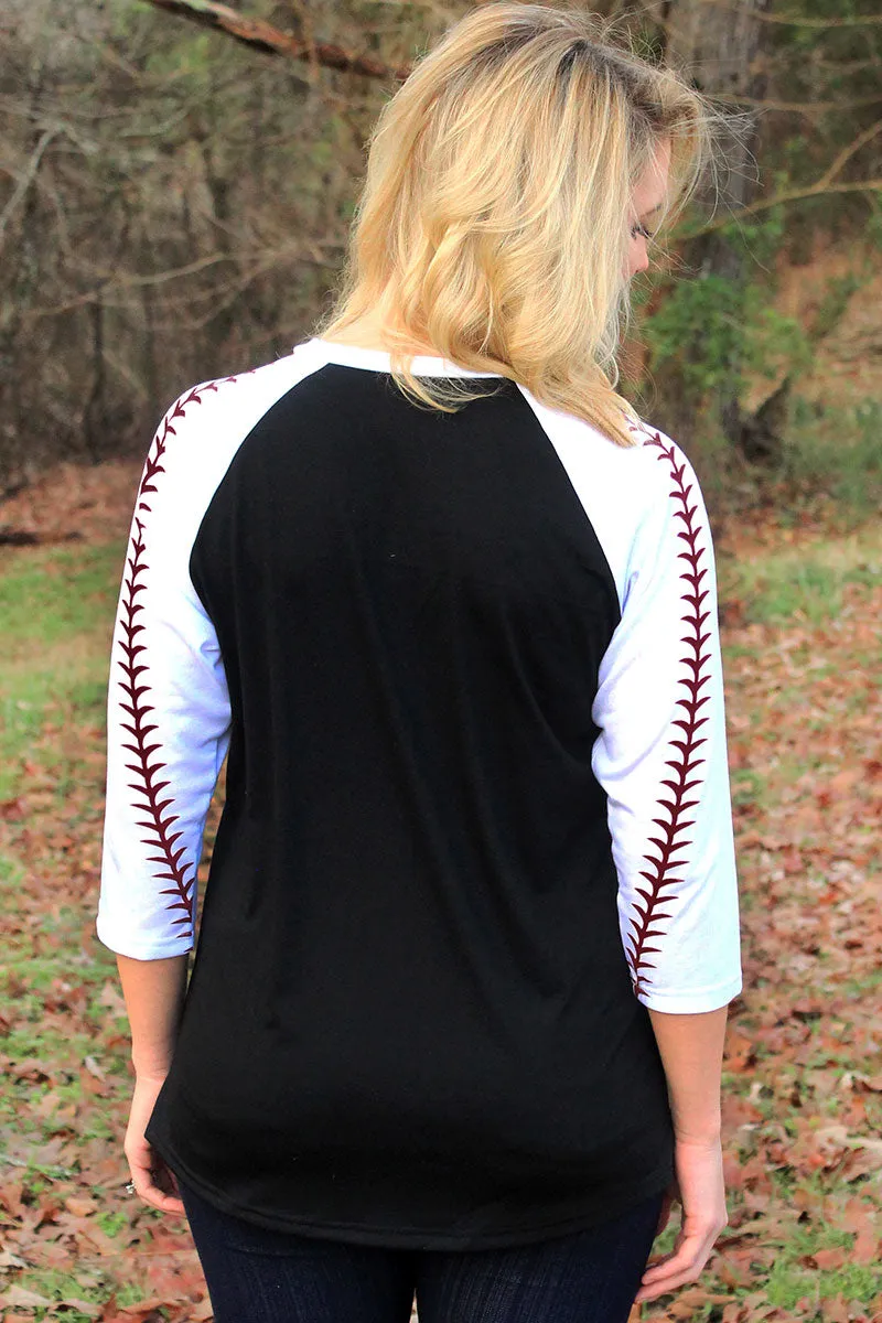 Baseball Laces 3/4 Sleeve Raglan Tee, Black *Personalize It