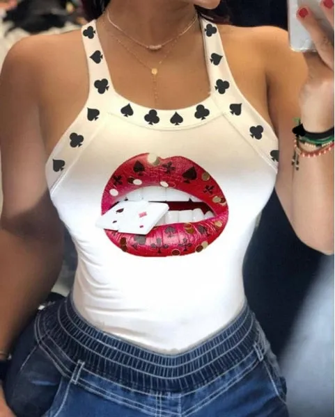 BerryBetty - Tank Tops Women U Neck Letter Print Lips Vest Summer Ladies Harajuku Shirts Slim Fit Polyester Sleeveless Top Tshirts