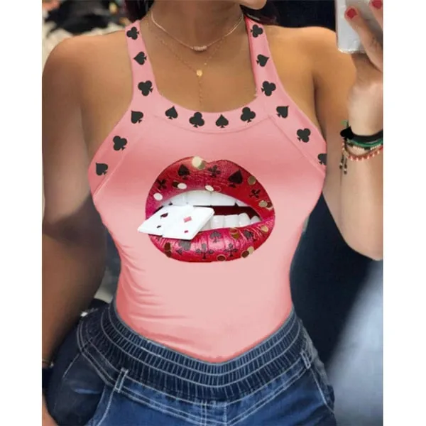BerryBetty - Tank Tops Women U Neck Letter Print Lips Vest Summer Ladies Harajuku Shirts Slim Fit Polyester Sleeveless Top Tshirts