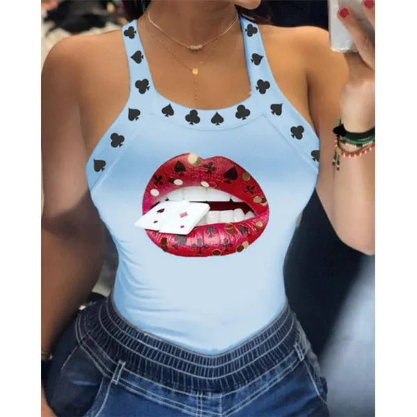 BerryBetty - Tank Tops Women U Neck Letter Print Lips Vest Summer Ladies Harajuku Shirts Slim Fit Polyester Sleeveless Top Tshirts