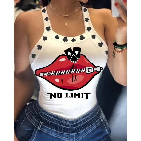 BerryBetty - Tank Tops Women U Neck Letter Print Lips Vest Summer Ladies Harajuku Shirts Slim Fit Polyester Sleeveless Top Tshirts