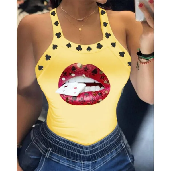 BerryBetty - Tank Tops Women U Neck Letter Print Lips Vest Summer Ladies Harajuku Shirts Slim Fit Polyester Sleeveless Top Tshirts