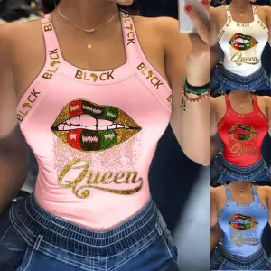 BerryBetty - Tank Tops Women U Neck Letter Print Lips Vest Summer Ladies Harajuku Shirts Slim Fit Polyester Sleeveless Top Tshirts