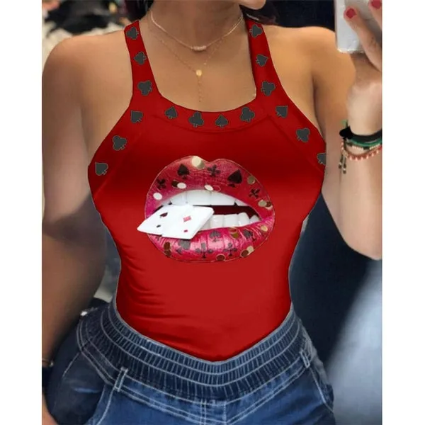 BerryBetty - Tank Tops Women U Neck Letter Print Lips Vest Summer Ladies Harajuku Shirts Slim Fit Polyester Sleeveless Top Tshirts