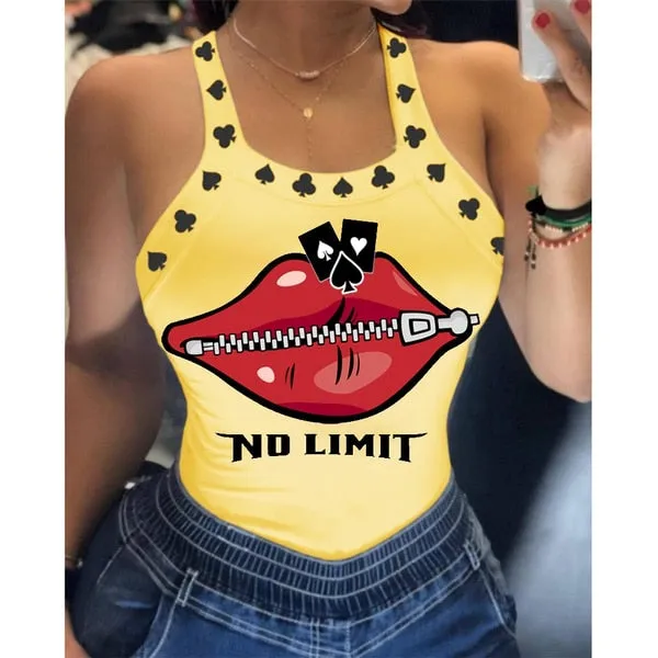 BerryBetty - Tank Tops Women U Neck Letter Print Lips Vest Summer Ladies Harajuku Shirts Slim Fit Polyester Sleeveless Top Tshirts