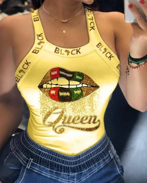 BerryBetty - Tank Tops Women U Neck Letter Print Lips Vest Summer Ladies Harajuku Shirts Slim Fit Polyester Sleeveless Top Tshirts