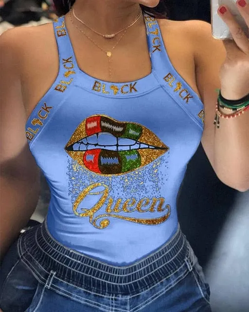 BerryBetty - Tank Tops Women U Neck Letter Print Lips Vest Summer Ladies Harajuku Shirts Slim Fit Polyester Sleeveless Top Tshirts