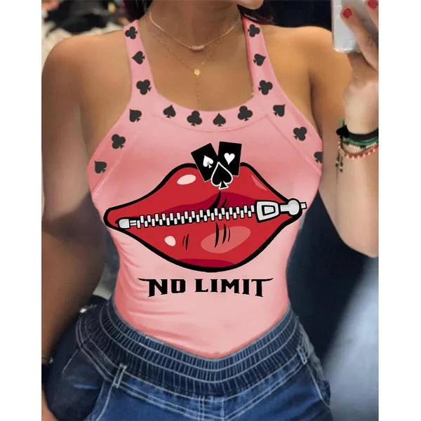 BerryBetty - Tank Tops Women U Neck Letter Print Lips Vest Summer Ladies Harajuku Shirts Slim Fit Polyester Sleeveless Top Tshirts