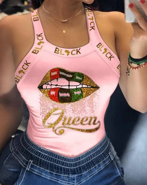 BerryBetty - Tank Tops Women U Neck Letter Print Lips Vest Summer Ladies Harajuku Shirts Slim Fit Polyester Sleeveless Top Tshirts