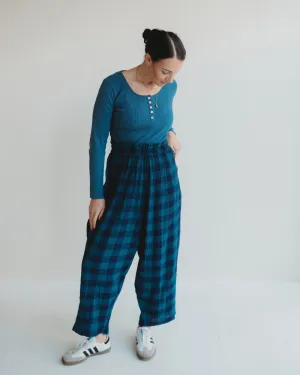 Betty Navy Check Print Drape Trousers