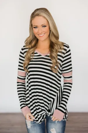 Black & Blush Striped Knot Top