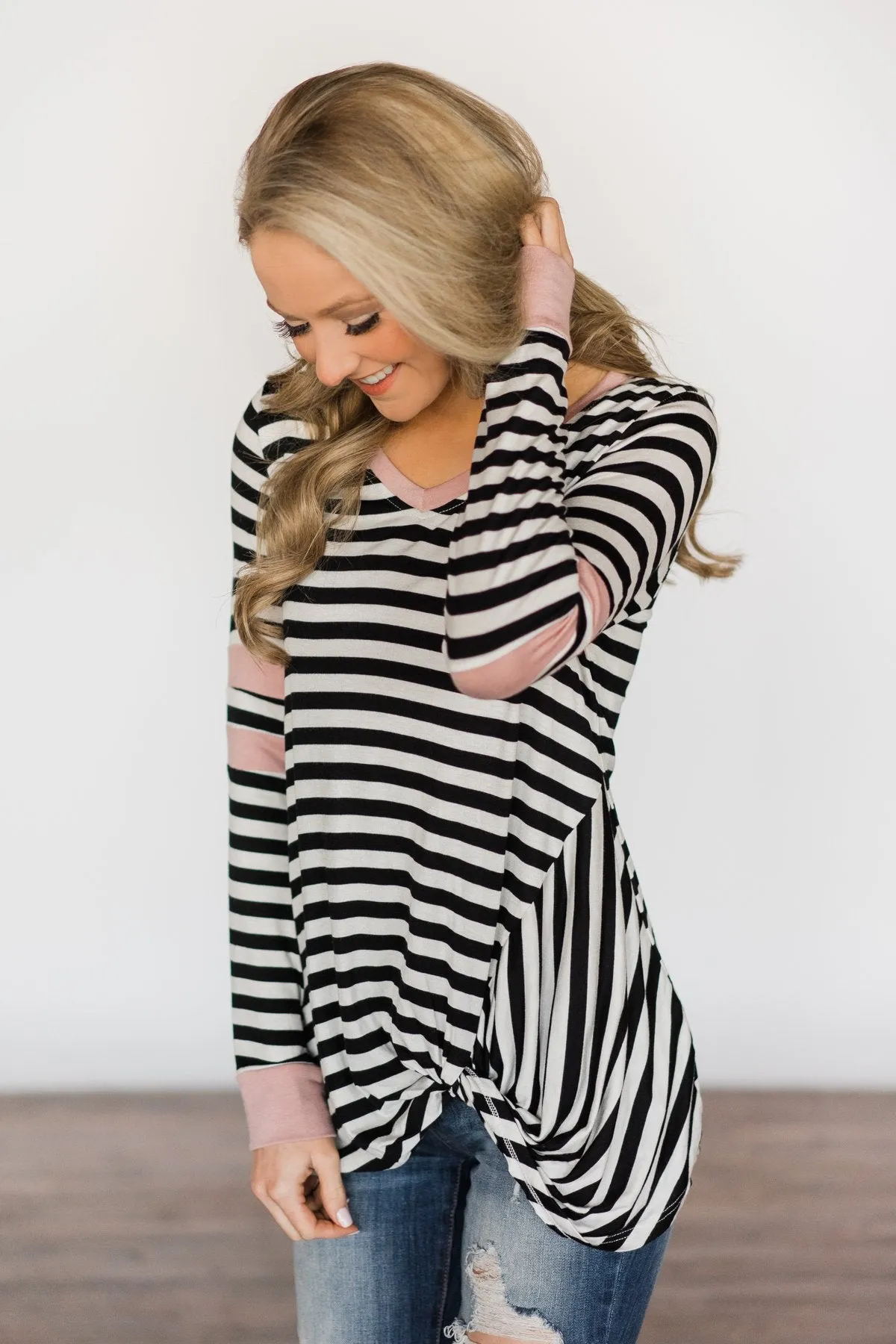 Black & Blush Striped Knot Top