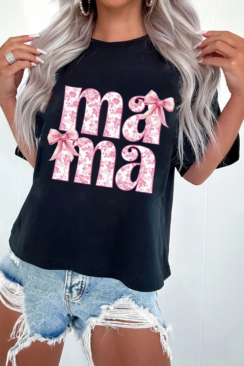 Black Floral Bow Mama Graphic Crewneck Tee