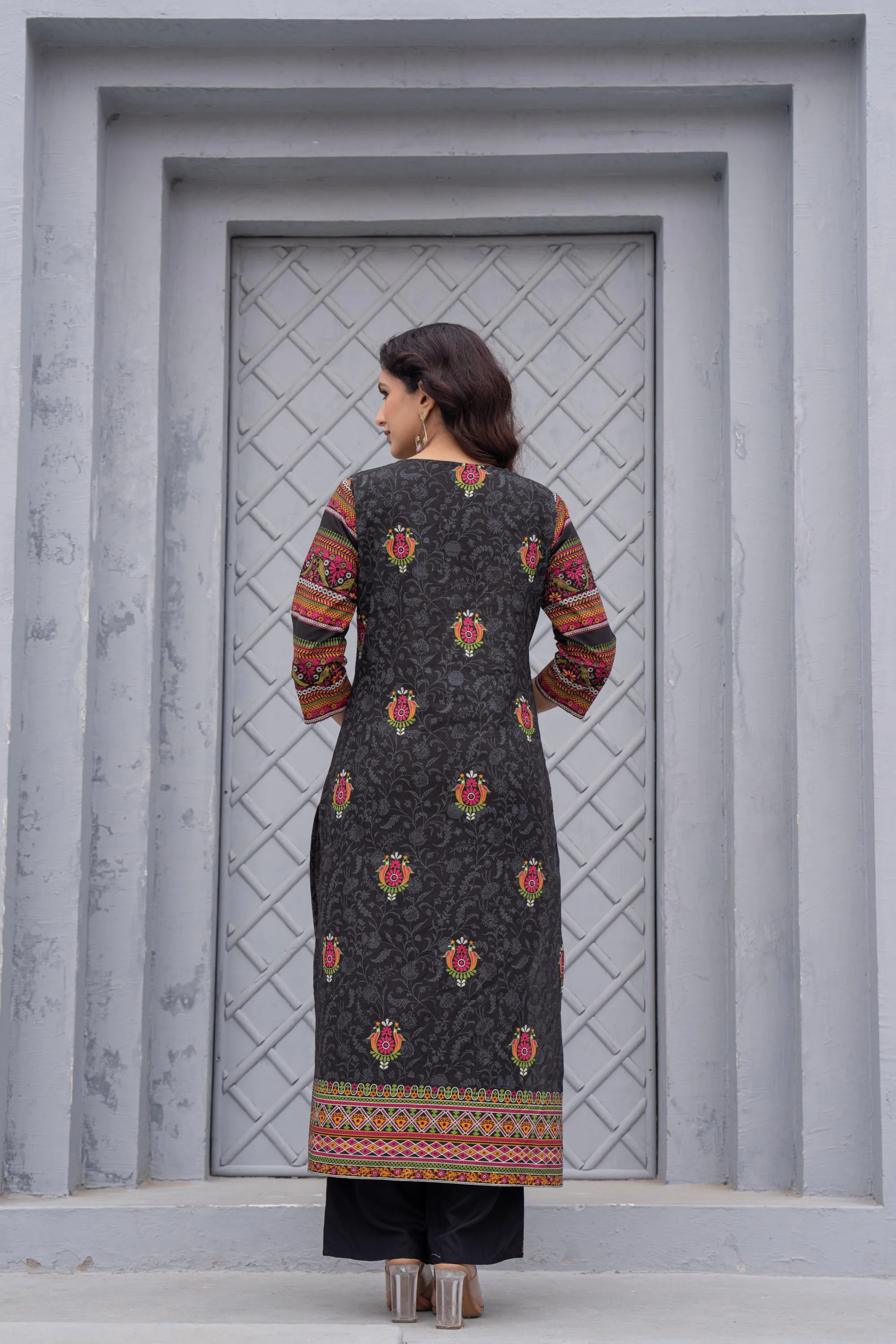 Black Floral Printed Cotton Kurta Set With Thread Work & Sequins