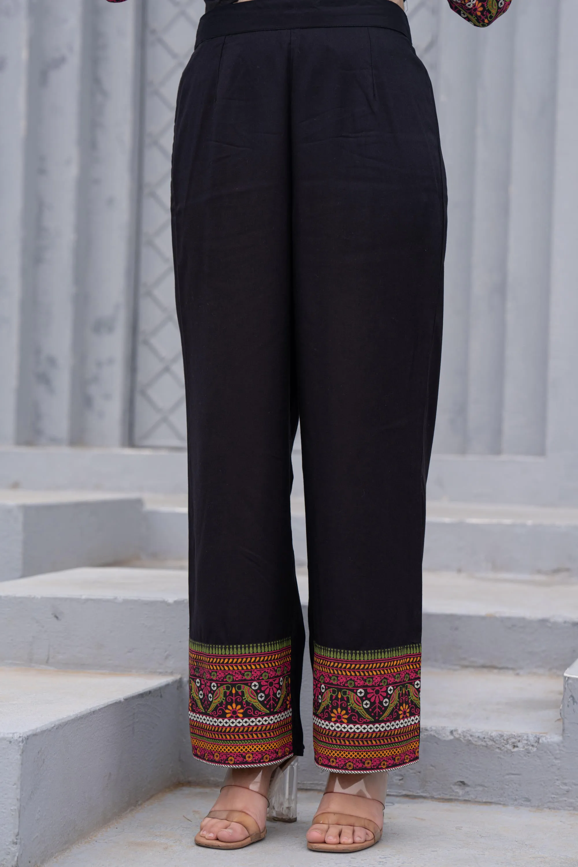 Black Floral Printed Cotton Kurta Set With Thread Work & Sequins