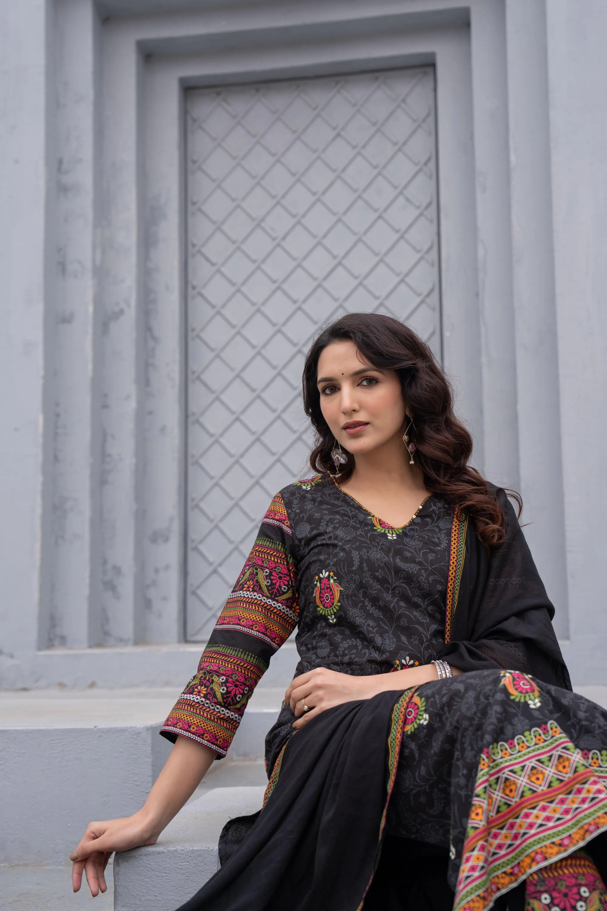 Black Floral Printed Cotton Kurta Set With Thread Work & Sequins
