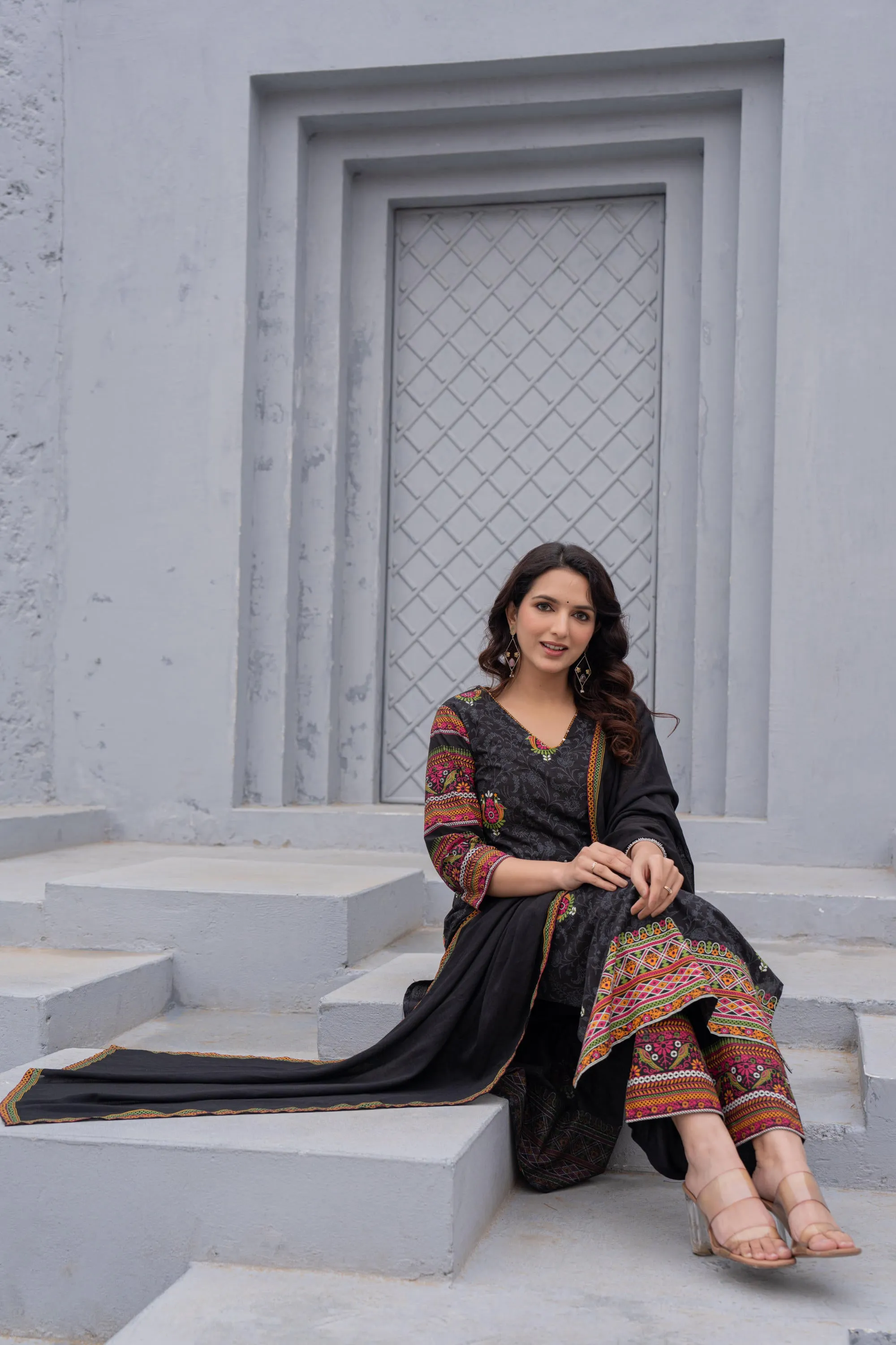 Black Floral Printed Cotton Kurta Set With Thread Work & Sequins