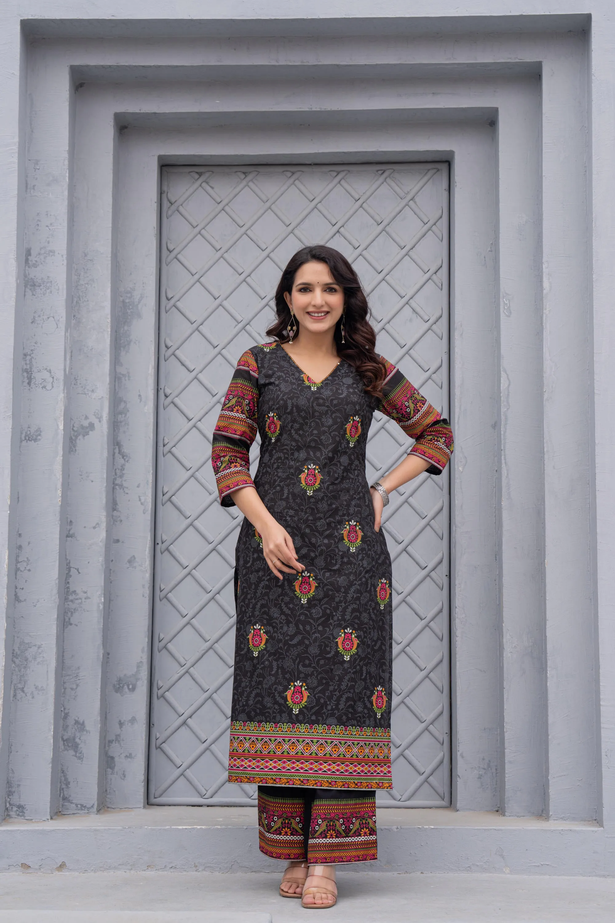 Black Floral Printed Cotton Kurta Set With Thread Work & Sequins