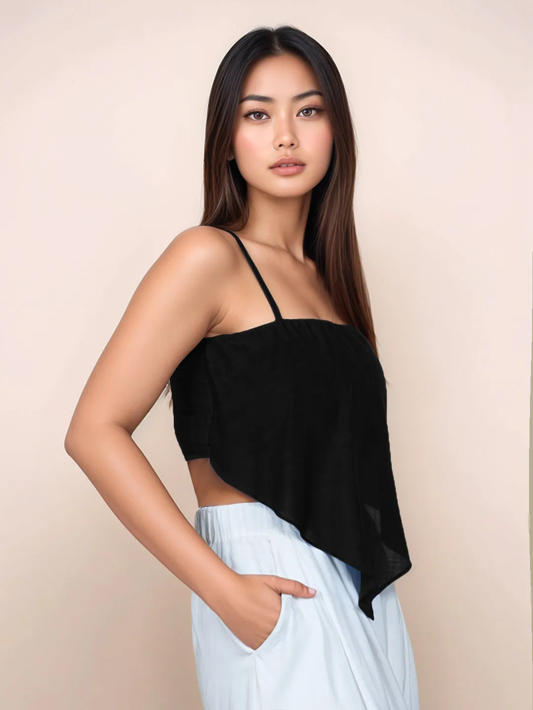 Black Solid Square Neck Crop Top