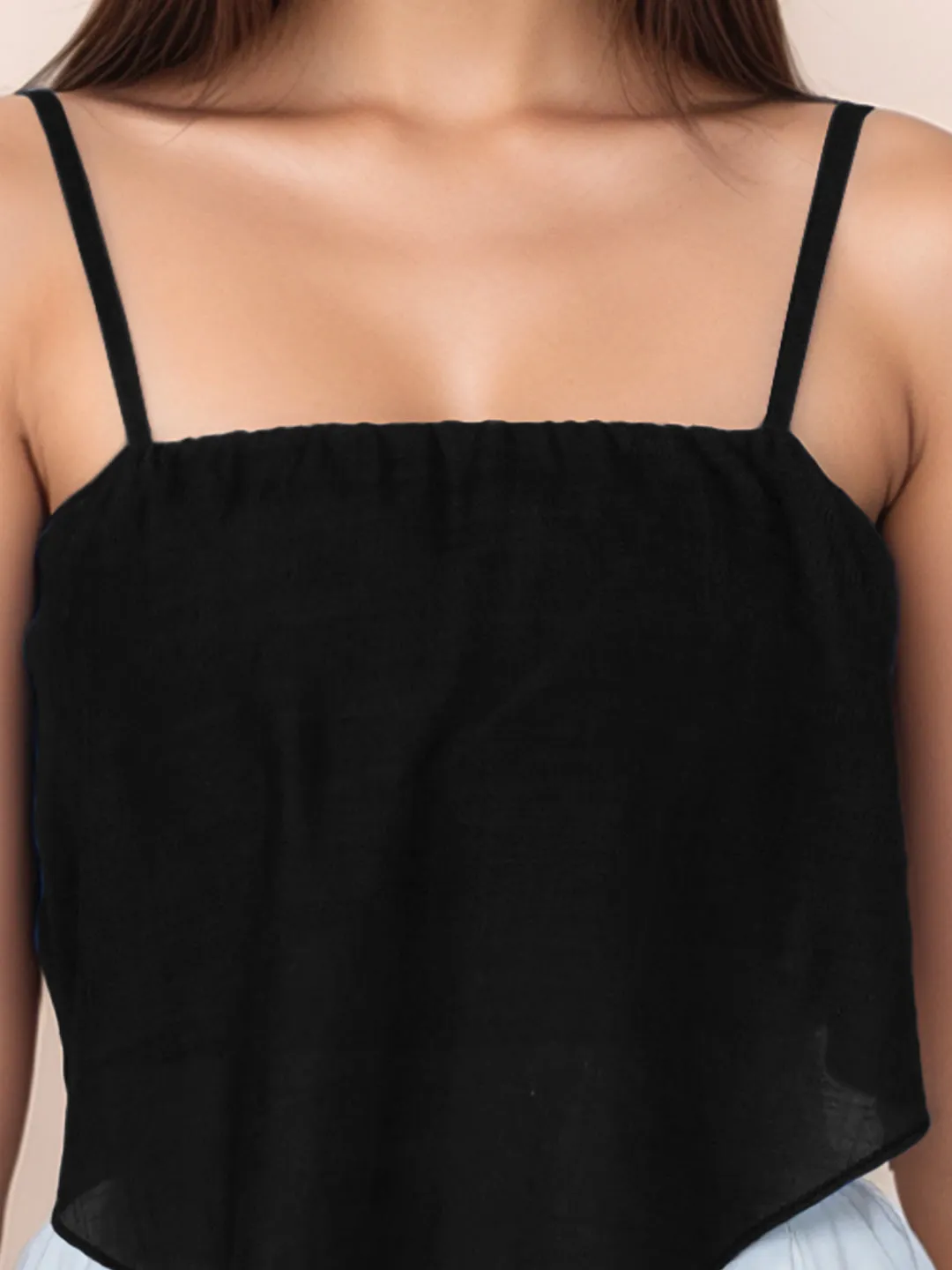 Black Solid Square Neck Crop Top