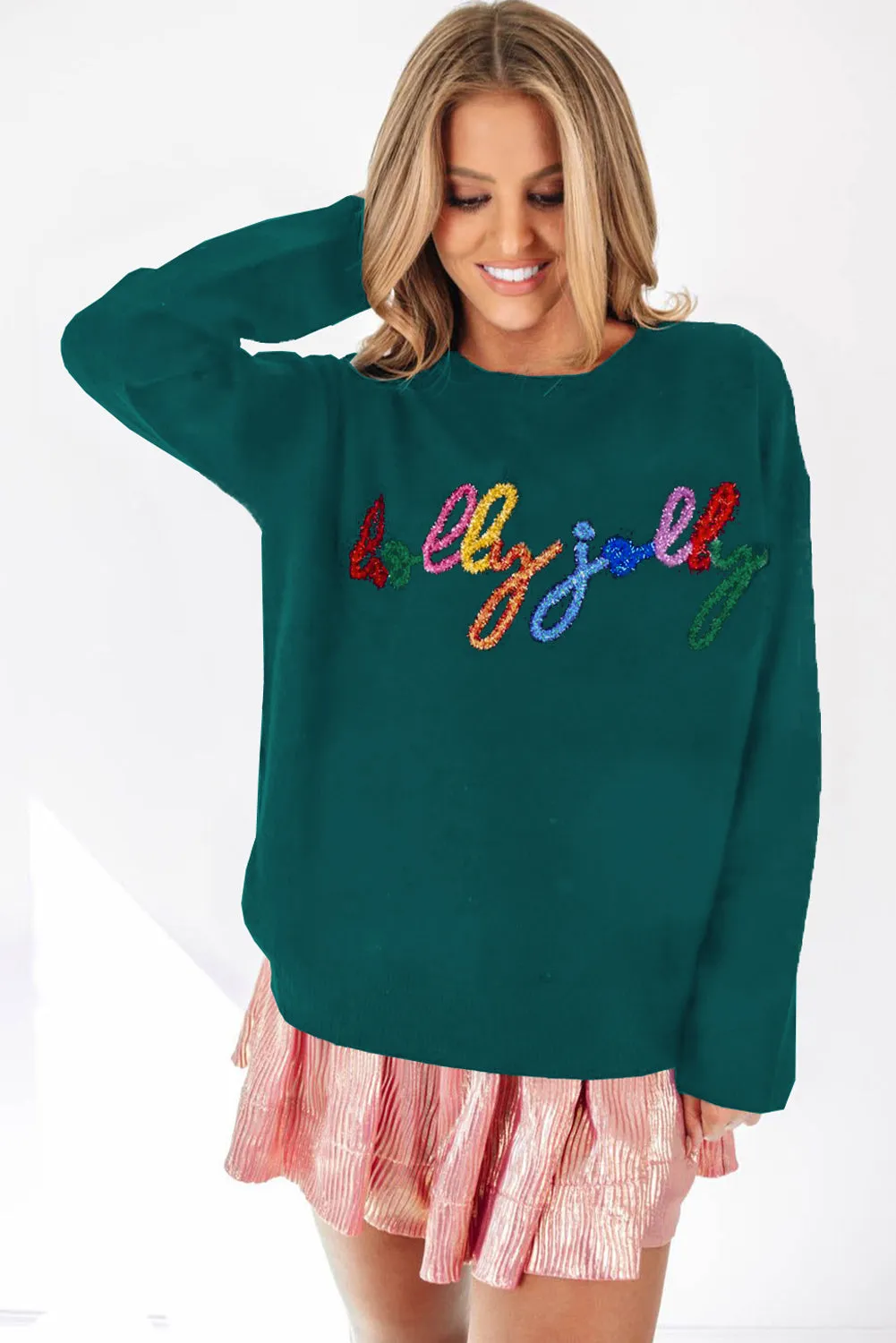 Blackish Green Holly Jolly Round Neck Casual Sweater