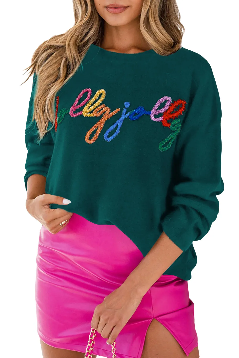 Blackish Green Holly Jolly Round Neck Casual Sweater