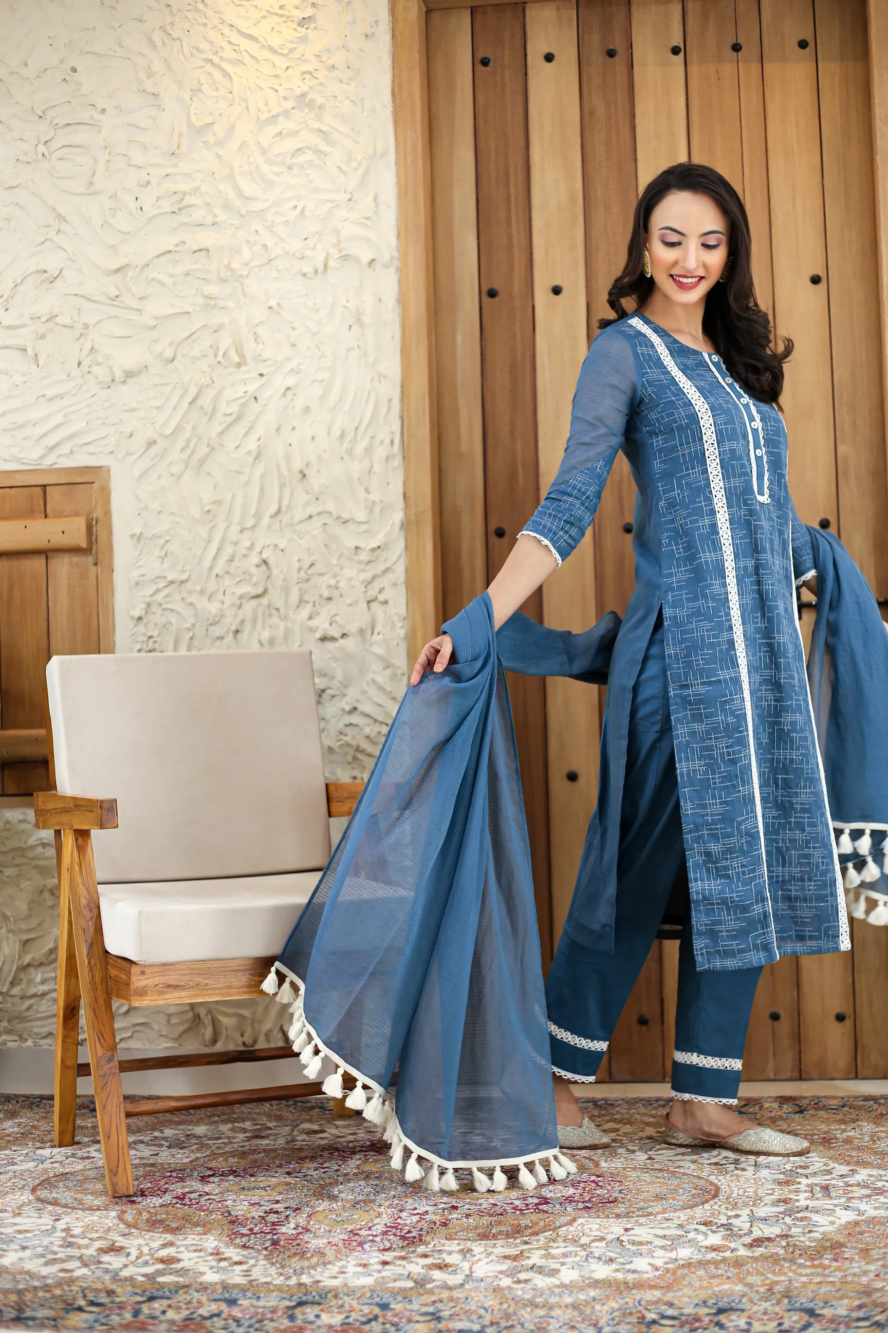 Blue Kota Embroidered Ready To Wear Kurta Set With Pant and Dupatta
