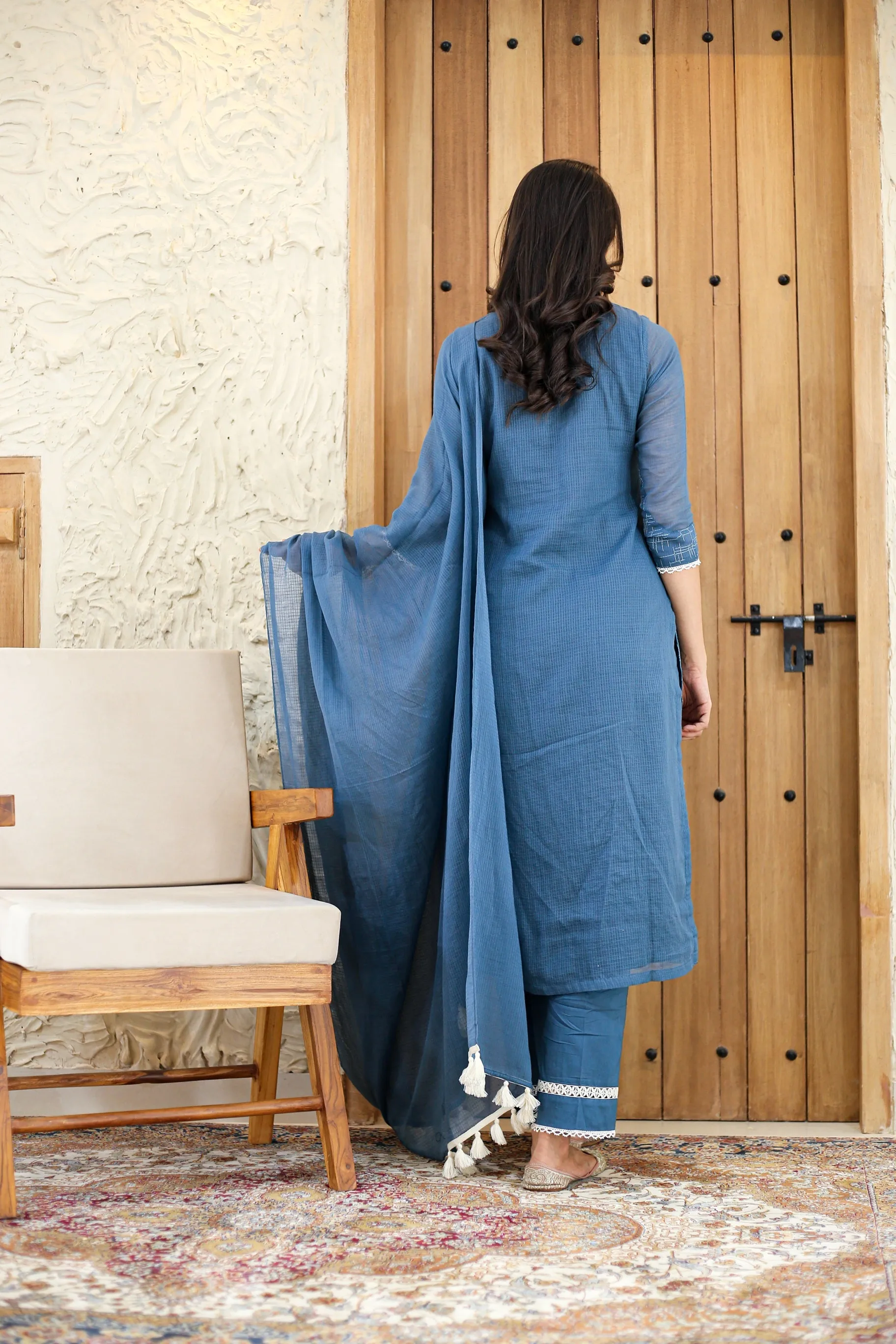Blue Kota Embroidered Ready To Wear Kurta Set With Pant and Dupatta