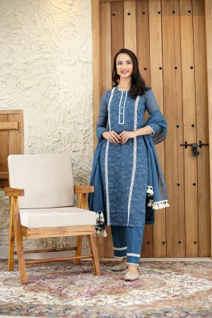 Blue Kota Embroidered Ready To Wear Kurta Set With Pant and Dupatta