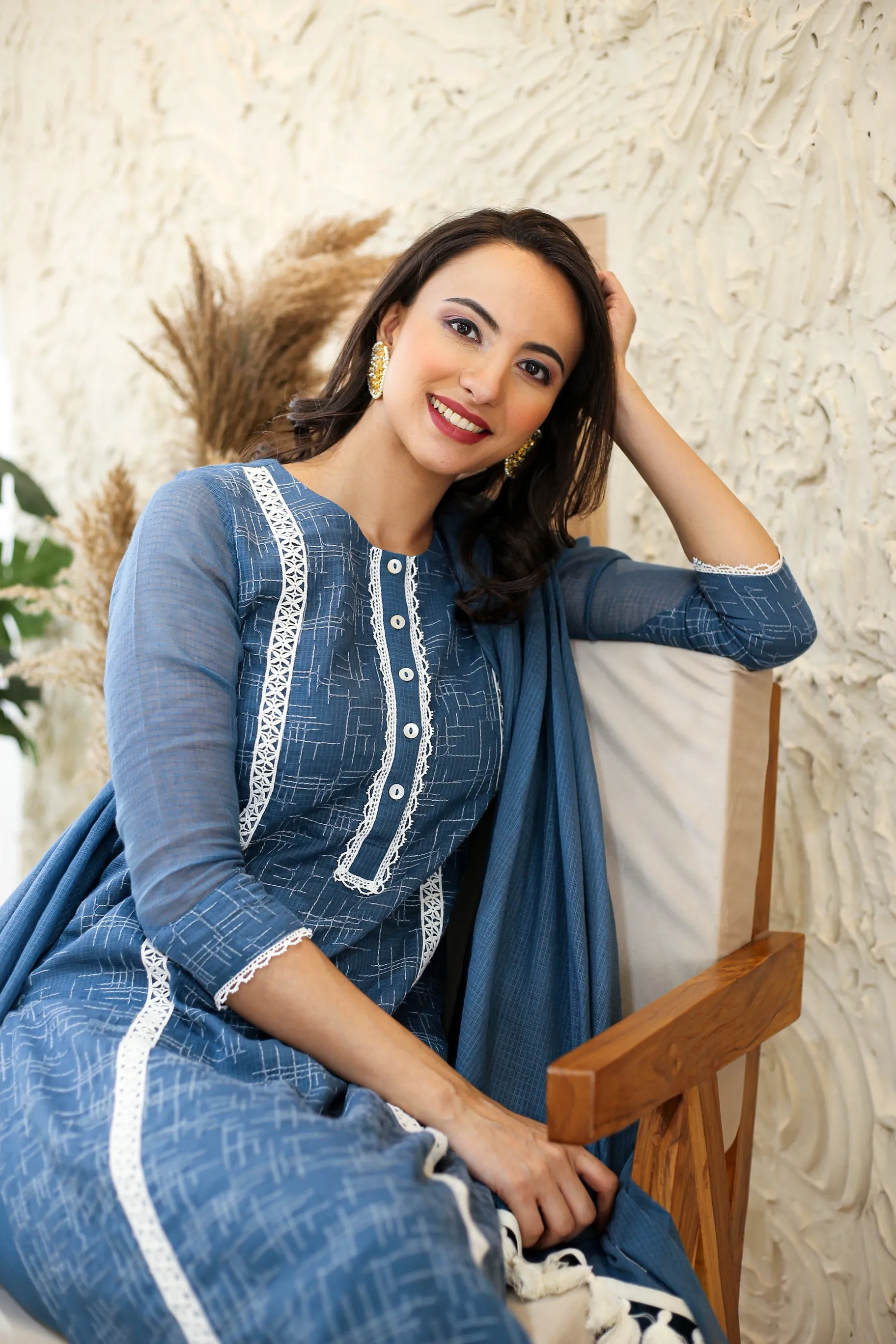 Blue Kota Embroidered Ready To Wear Kurta Set With Pant and Dupatta