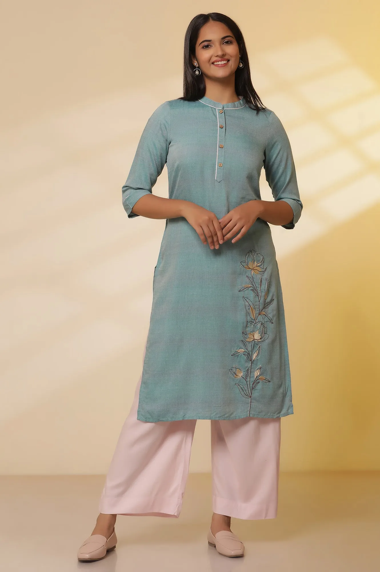 Blue Thread Embroidered Straight Kurta and Palazzo Set