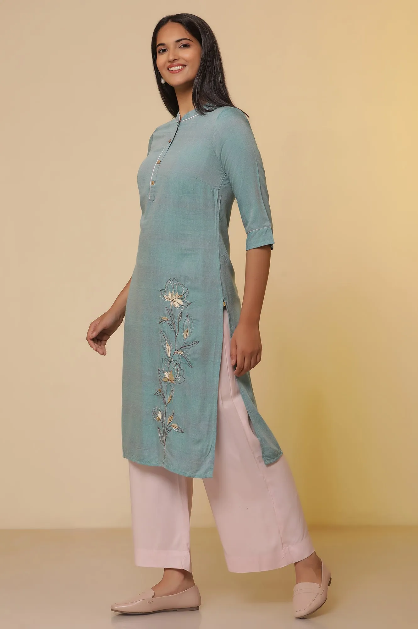 Blue Thread Embroidered Straight Kurta and Palazzo Set