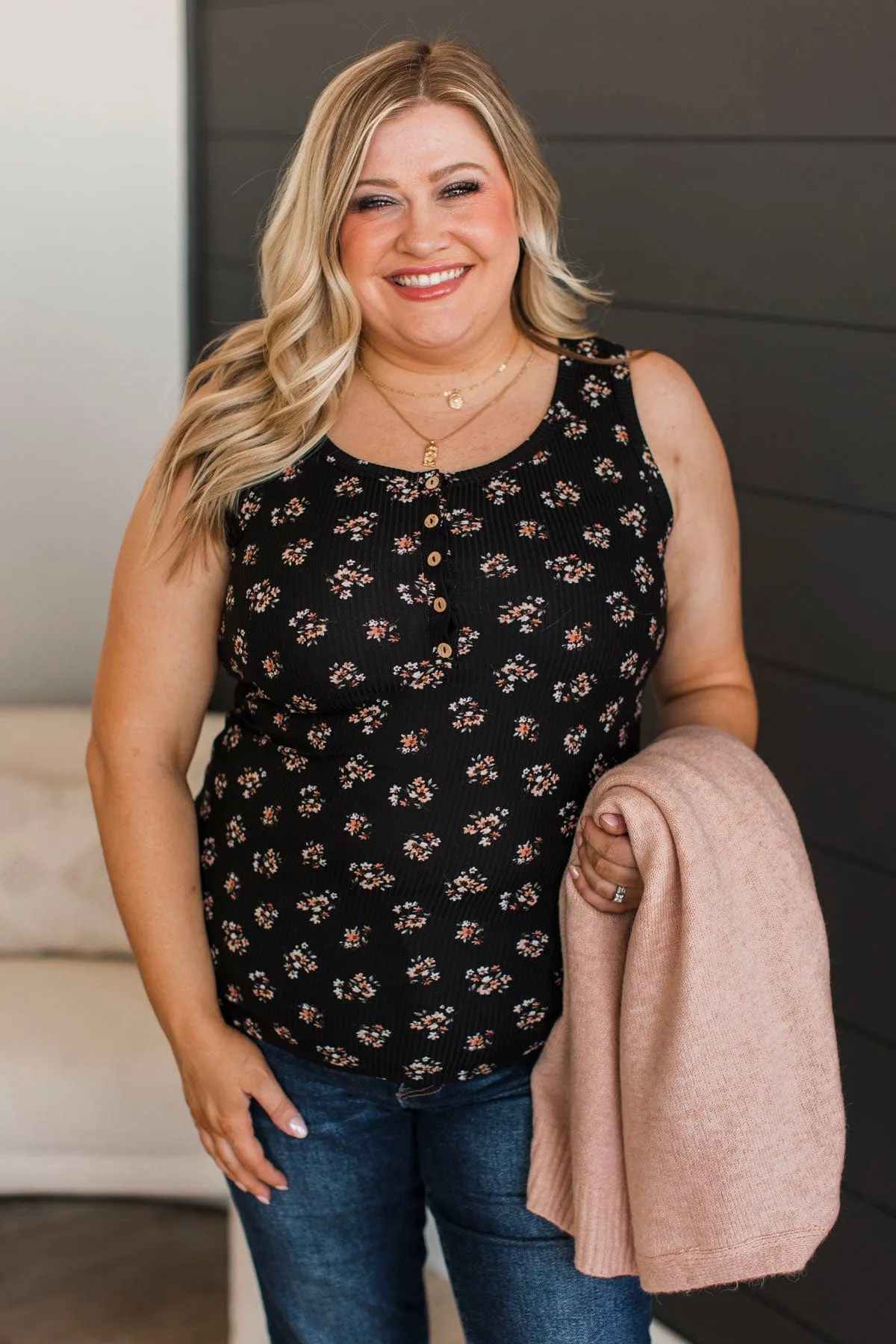 Bountiful Smiles Floral Tank Top- Black